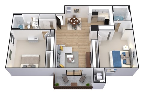 A 3D floor plan of a house with a living room, kitchen, dining room, and bedrooms.